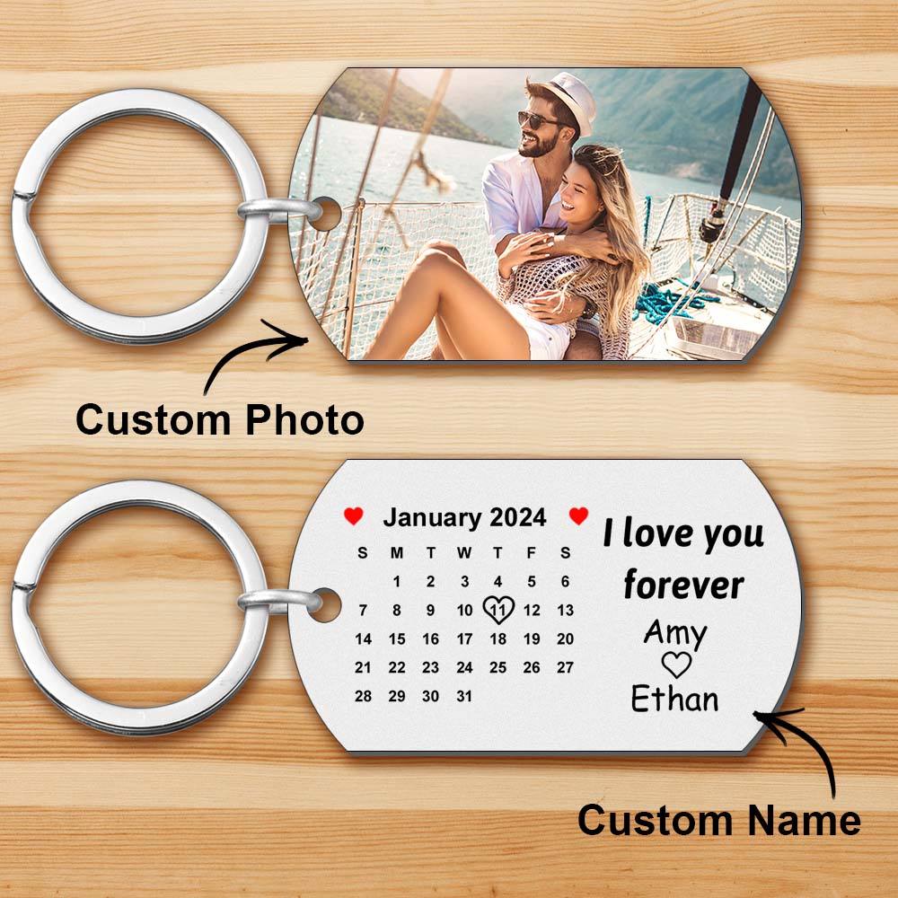 Custom Photo Forever Love Calendar Keychain Personalized Stainless Steel Keychain Gift for Lover
