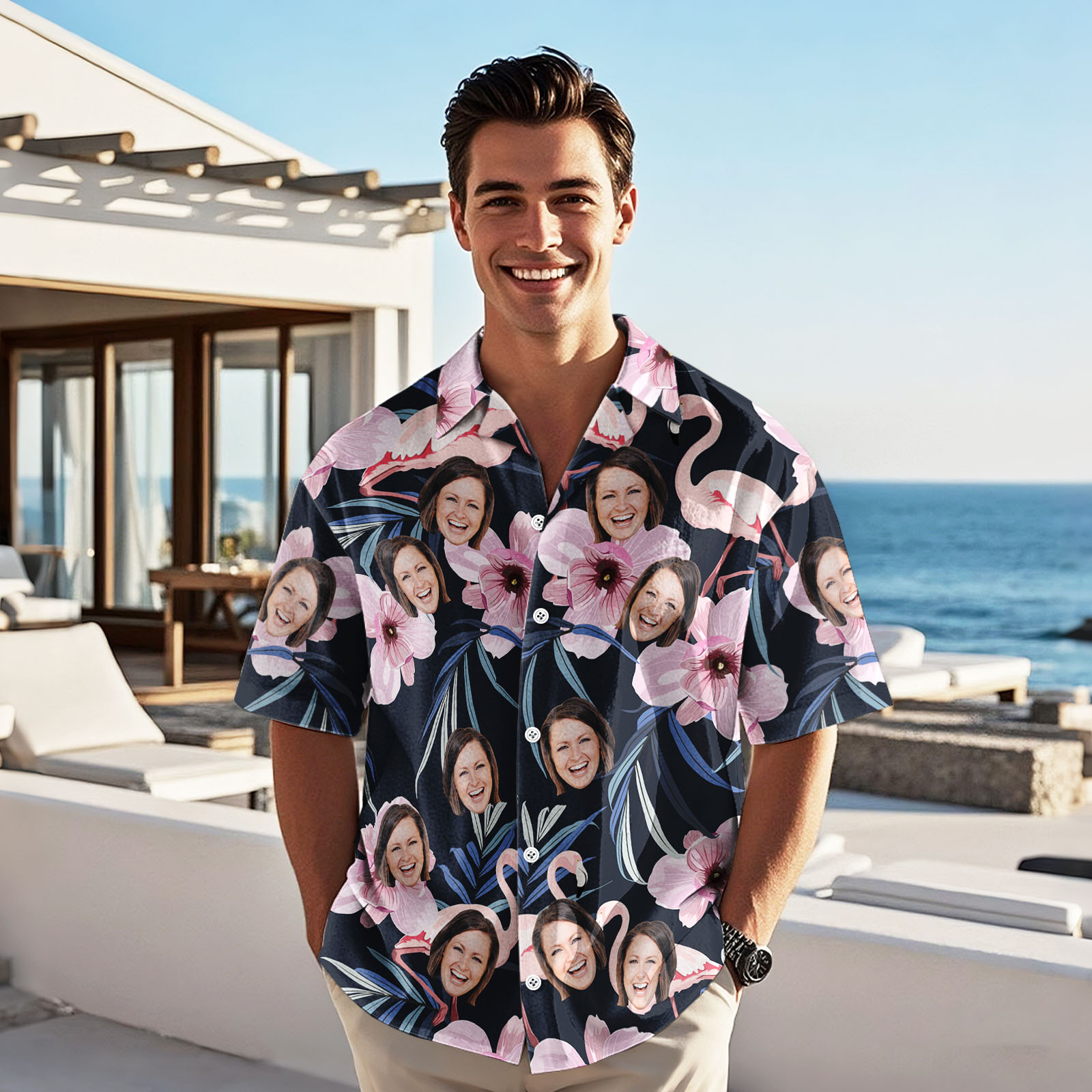 Custom Face Pink Flower Hawaiian Shirt Personalized Pink Flamingo Pattern Hawaiian Shirt Gift For Him