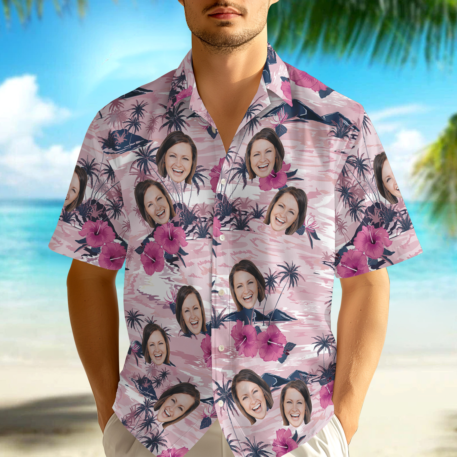Custom Face Hawaiian Shirt All Over Print Vacation Tropical Pattern Shirt For Men Personalized Hawaiian Shirt With Logo/Text Gift For Lover