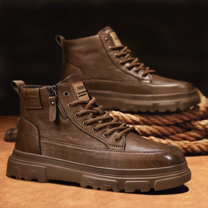 【免繫帶-側拉鍊】高筒休閒男鞋，隱形增高5厘米，梅雨季防滑還防潑