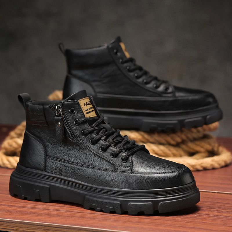 【免繫帶-側拉鍊】高筒休閒男鞋，隱形增高5厘米，梅雨季防滑還防潑