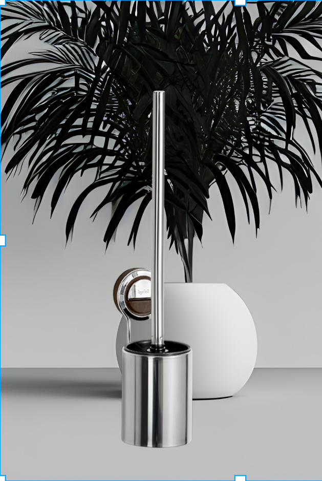 Stainless steel suction cup toilet brush wall mounted in modern bathroom
