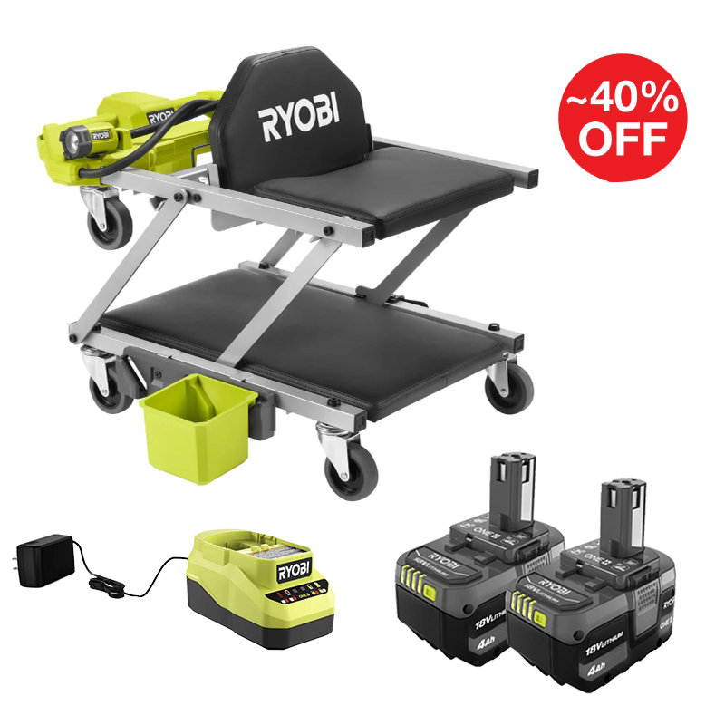 RYOBI 18V ONE+ Dual Function Lighted Creeper/Seat features a smooth creeper with lighting, a flexibly adjustable seat, corrosion-resistant cushions, convenient storage, and heavy-duty casters. It enhances automotive repair efficiency, making car maintenan