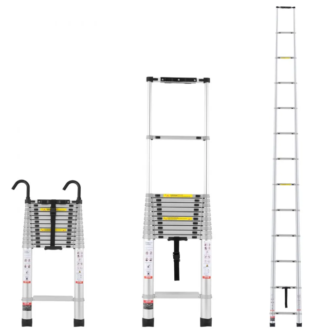 VEVOR Telescoping Ladder, 12.5 FT Aluminum One-Button Retraction Collapsible Extension Ladder, 375/400 LBS Capacity w/Non-Slip Feet, Portable Multi-Purpose Compact Ladder for Home, RV, Loft, ANSI Listed