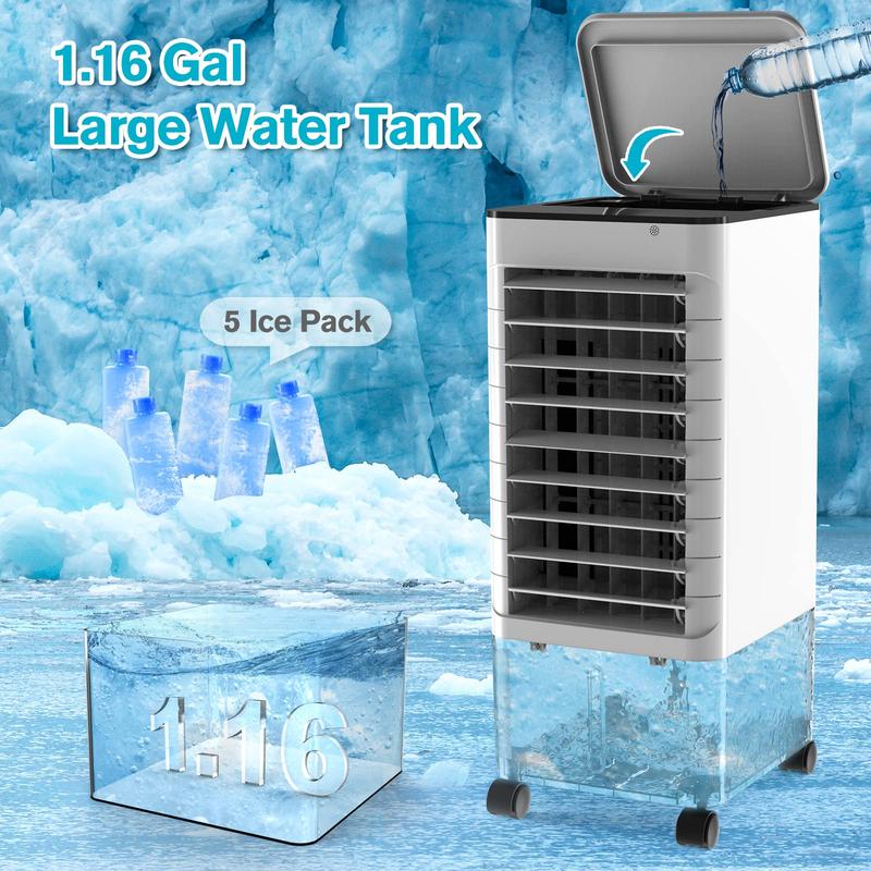 Portable Air Conditioners Fan, 3-IN-1 Evaporative Air Cooler with Remote, 3 Modes 3 Speeds &12H Timer, 1.16Gal Portable AC, 4 Ice Packs & 4 Wheels, 45° Oscillation, Quiet Swamp Cooler for Room Home Bedroom Office Energy Saving Cooling Fans