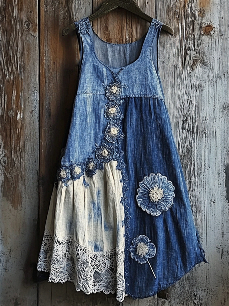 Floral Denim Textile Lace Hem Patchwork Tank Dress