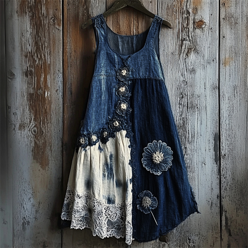 Floral Denim Textile Lace Hem Patchwork Tank Dress