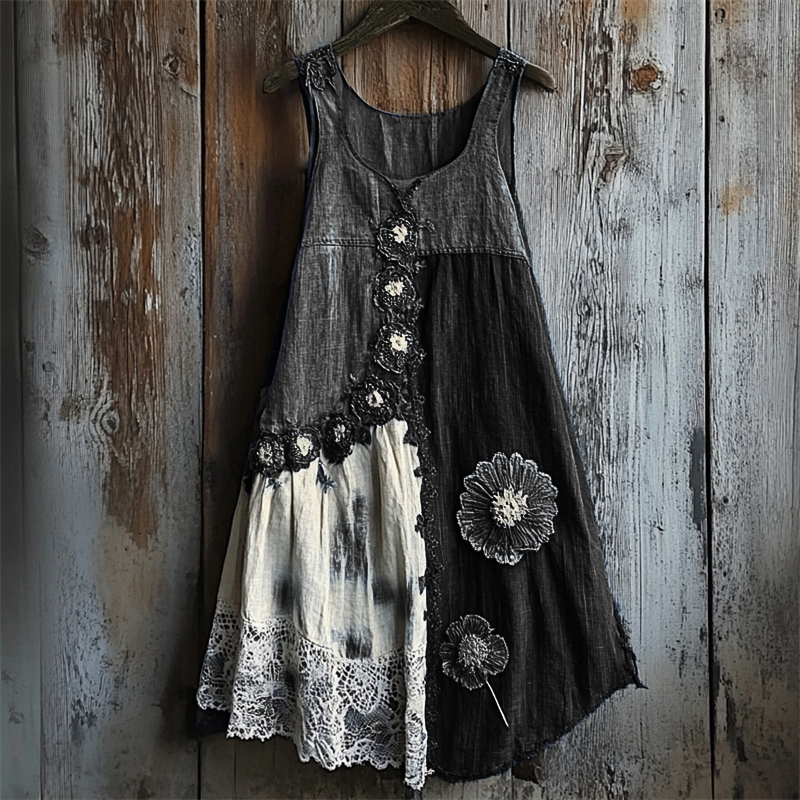Floral Denim Textile Lace Hem Patchwork Tank Dress