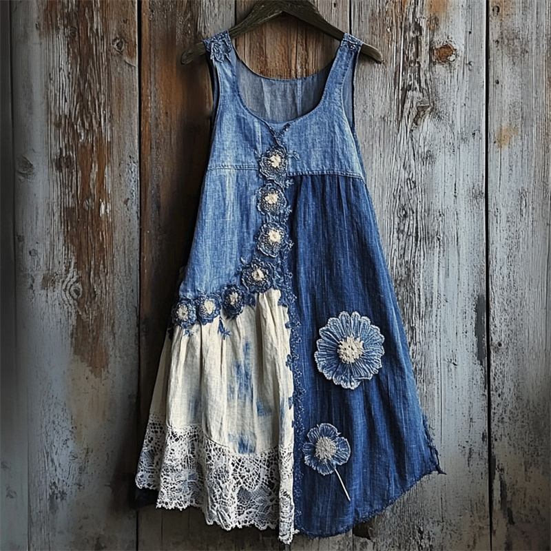 Floral Denim Textile Lace Hem Patchwork Tank Dress