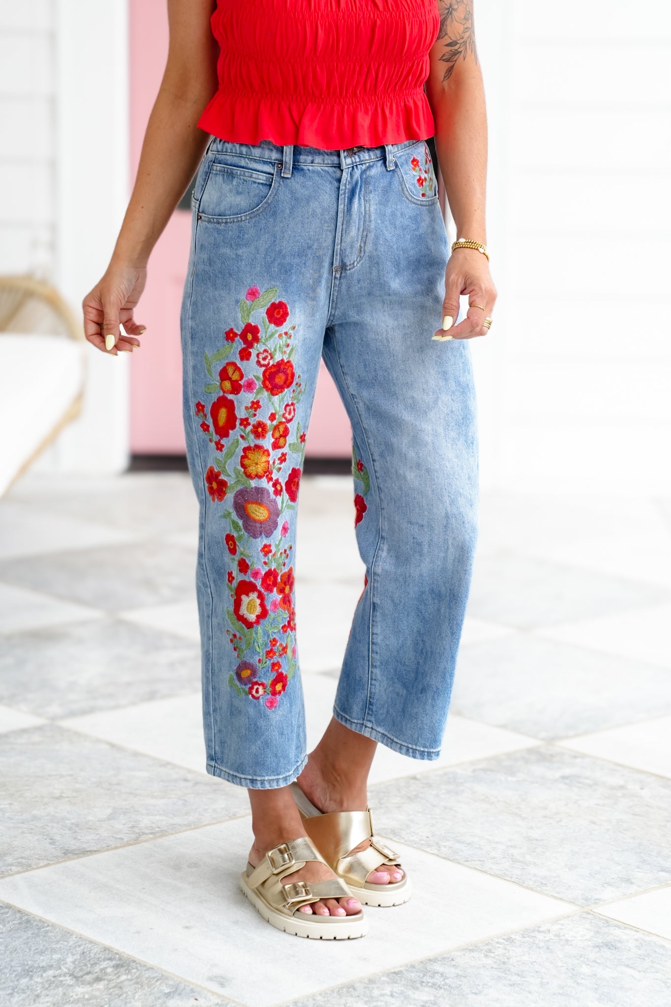 Wildflower Drive Mineral Wash Relaxed Fit Denim Jeans with Floral Embroidery Detail