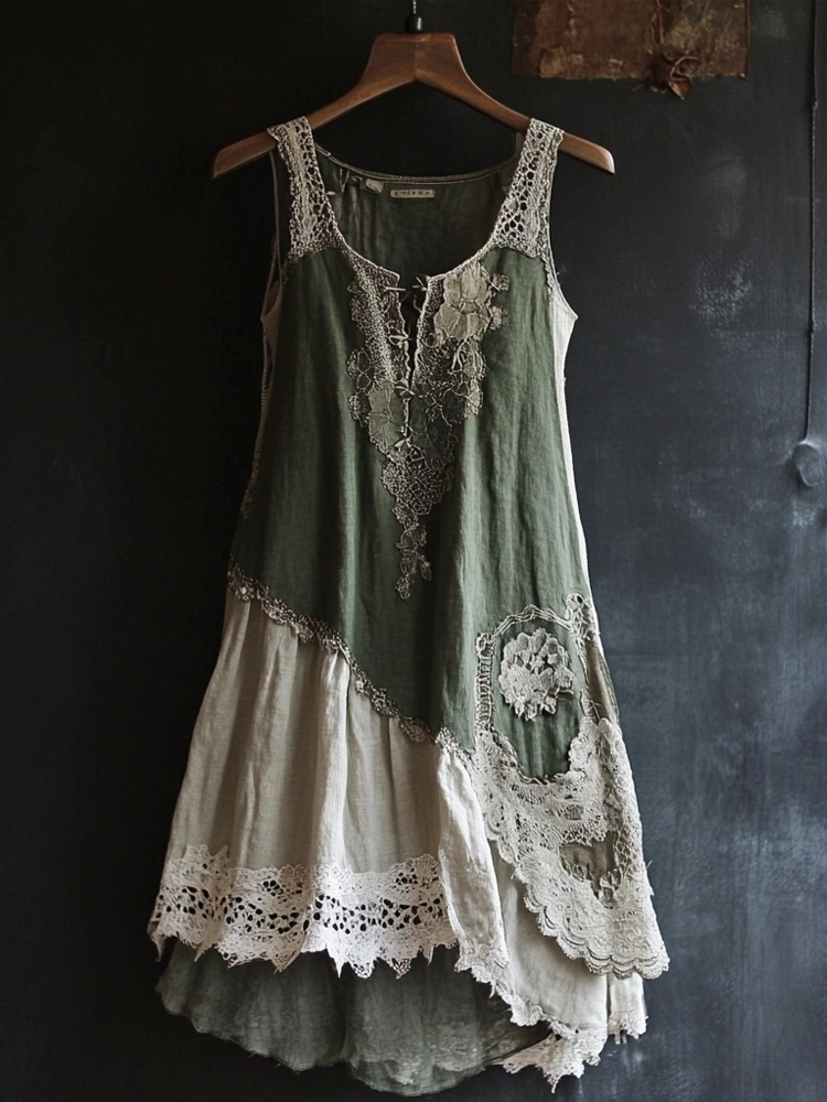 Vintage Lace Patchwork Comfy Linen Tank Dress