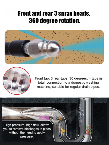 "One Flush Clean" Water Rat Nozzle High-Pressure Drain Cleaning Set