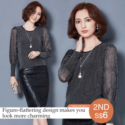 Simple figure-flattering gauze long sleeve blouse