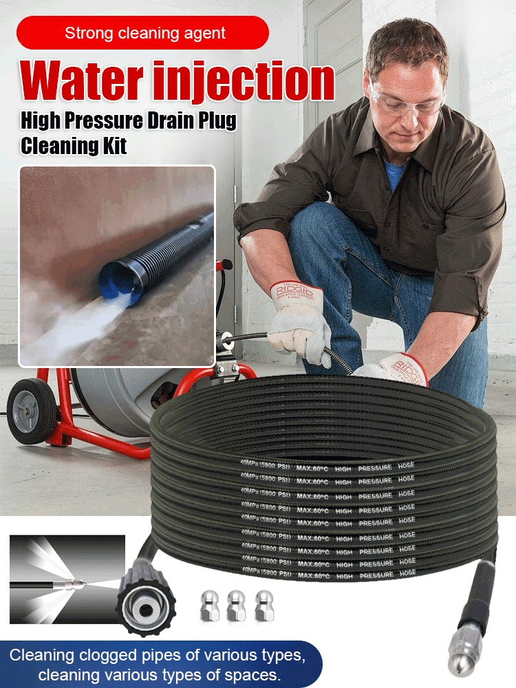 "One Flush Clean" Water Rat Nozzle High-Pressure Drain Cleaning Set