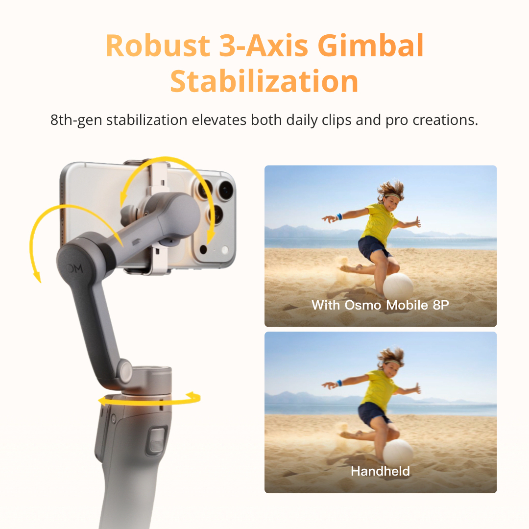 DJI Osmo Mobile 8P - 3 Axis Gimbal | Subject Tracking | Extension Rod Tripod | 10 Hour Battery