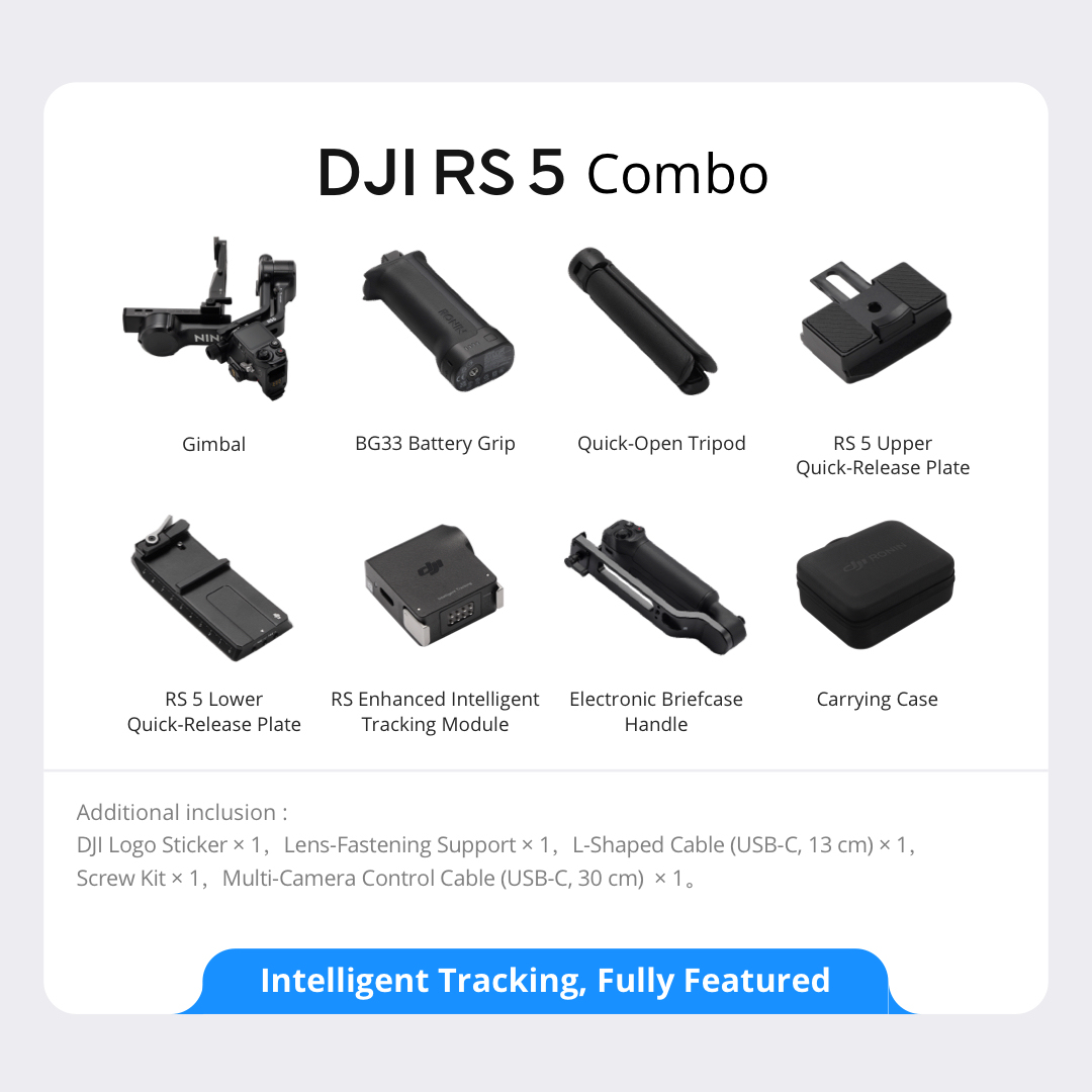 DJI RS 5 – Lightweight Commercial Gimbal | Intelligent Tracking | Electronic Briefcase Handle | 1-Hour Fast Charge | Auto Axis Locks