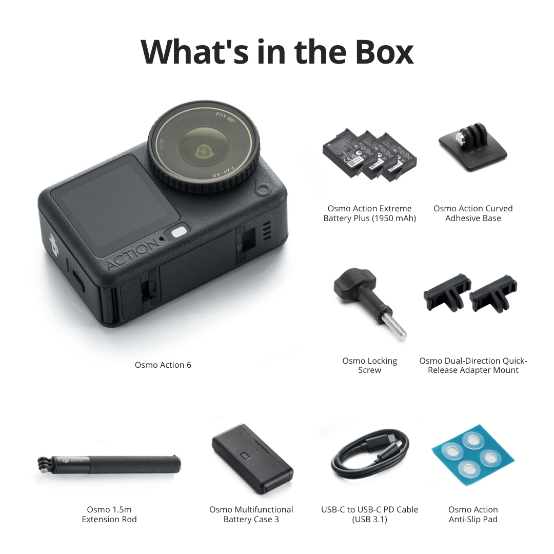 DJI Osmo Action 6 - 1/1.1” Sensor | 4K HDR | 240-min Battery | 50GB Storage | 20m Waterproof | SuperNight Mode | OsmoAudio Direct Mic