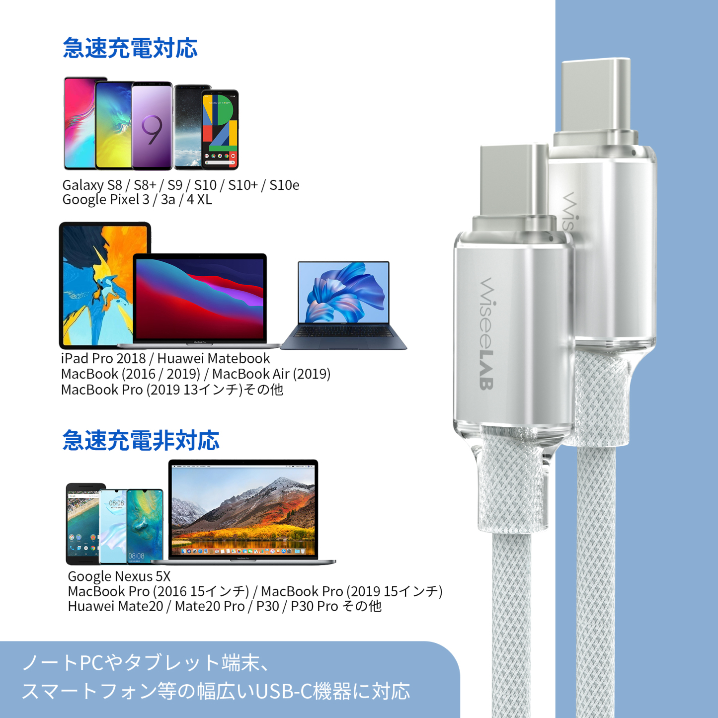 WiseeLAB Clear Tough Cable｜USB-C & USB-C 保護カバー付き ケーブル(1.2m,ナイロン編み)