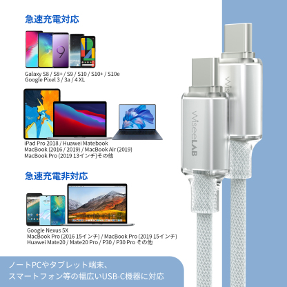 WiseeLAB Clear Tough Cable｜USB-C & USB-C 保護カバー付き ケーブル(1.2m,ナイロン編み)