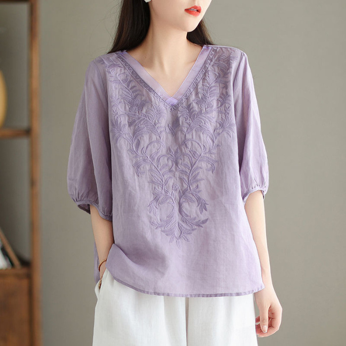 Medium-sleeved thin flesh-concealing jacquard cotton shirt