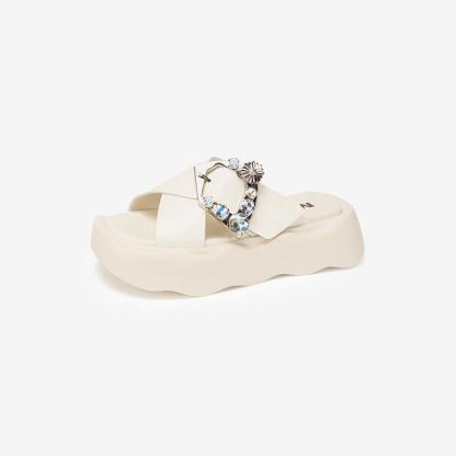 Round-toe rhinestone slide sandals