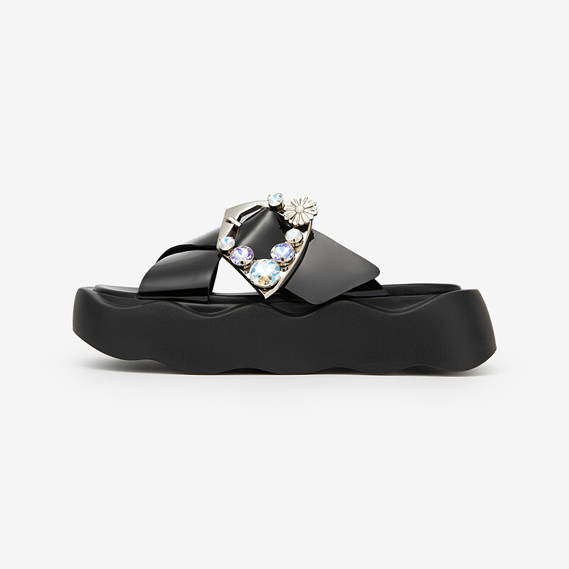 Round-toe rhinestone slide sandals