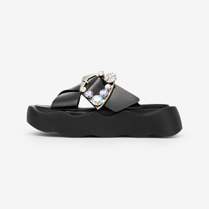 Round-toe rhinestone slide sandals