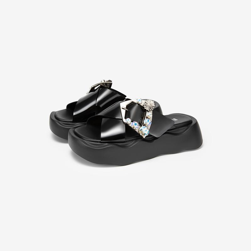 Round-toe rhinestone slide sandals