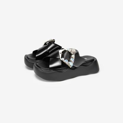 Round-toe rhinestone slide sandals