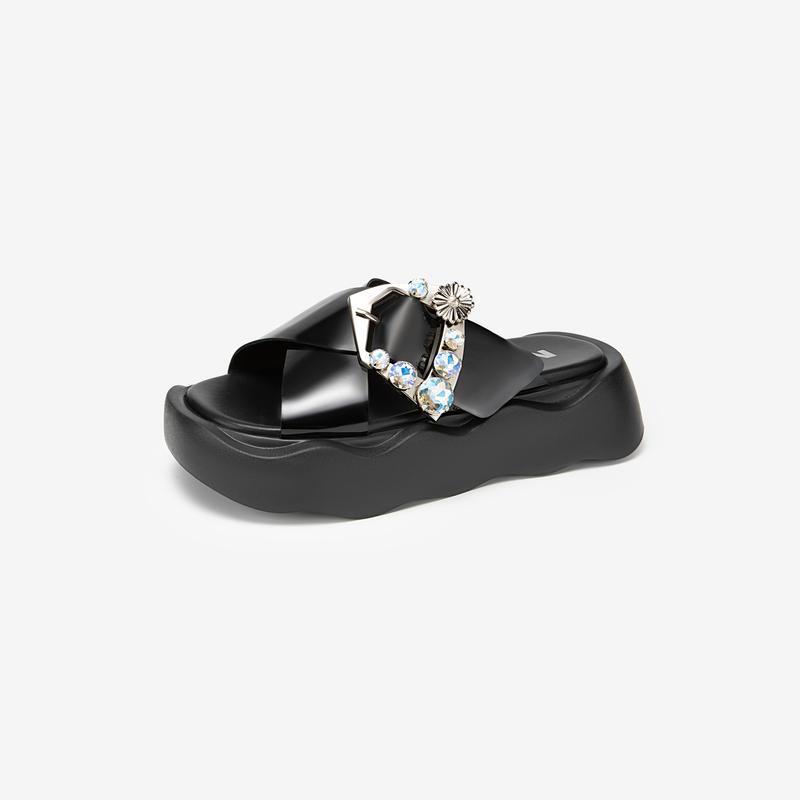 Round-toe rhinestone slide sandals