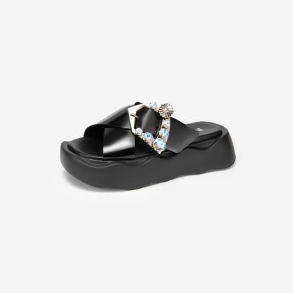 Round-toe rhinestone slide sandals