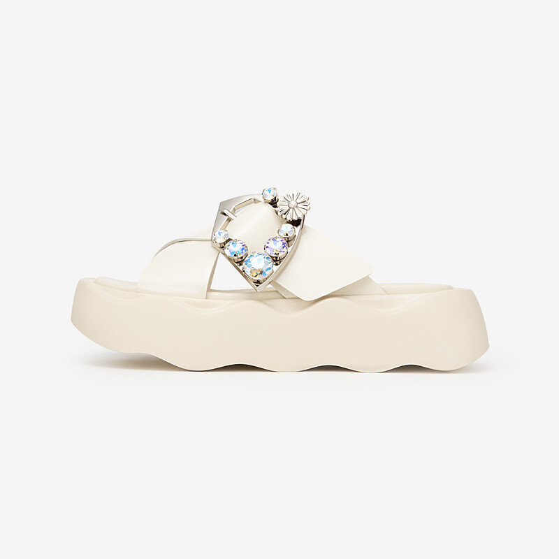 Round-toe rhinestone slide sandals