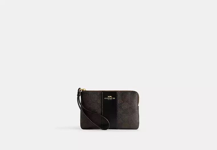 [U] COACH CORNER ZIP WRISTLET IN SIGNATURE CANVAS WITH STRIPE, GOLD/WALNUT/BLACK, CW854-IMXAQ (UC23)