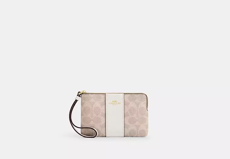[U] COACH CORNER ZIP WRISTLET IN SIGNATURE CANVAS WITH STRIPE, GOLD/SAND/CHALK, CW854-IMXDM (UC28)