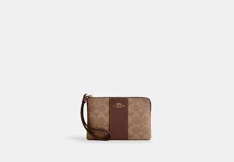 [U] COACH CORNER ZIP WRISTLET IN SIGNATURE CANVAS WITH STRIPE, GOLD/TAN/BROWN, CW854-IMXHE (UC27)