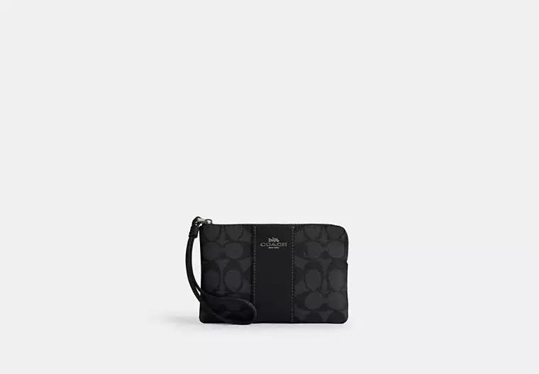 [U] COACH CORNER ZIP WRISTLET IN SIGNATURE CANVAS WITH STRIPE, GUNMETAL/CHARCOAL/BLACK, CW854-QBMI5 (UC25)