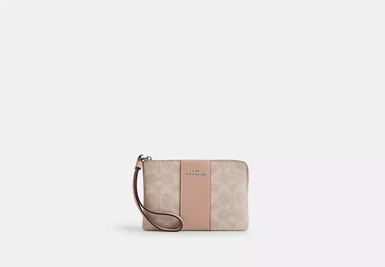 [U] COACH CORNER ZIP WRISTLET IN SIGNATURE CANVAS WITH STRIPE, SILVER/SAND/TAUPE, CW854-SVPWH (UC24)