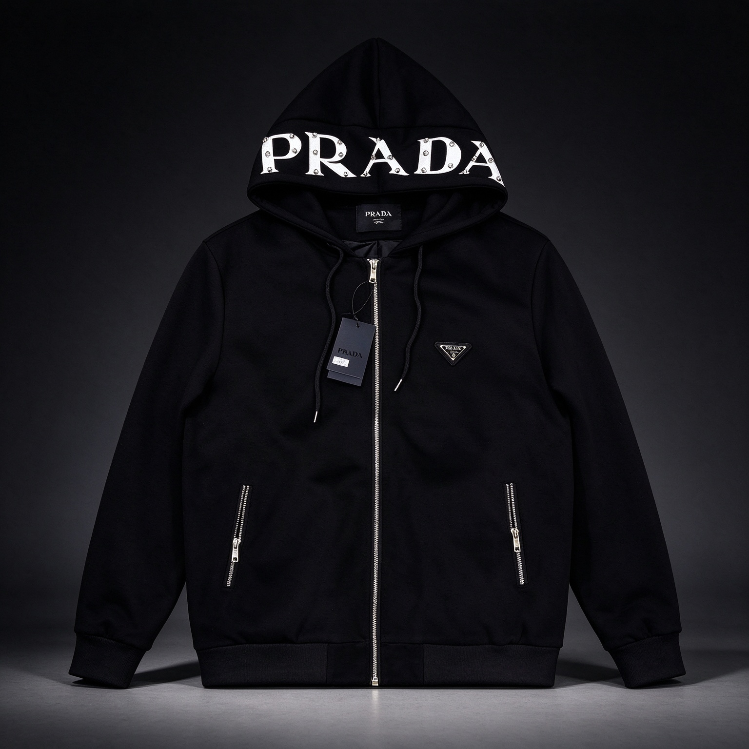【PRADA】2026 新作 リベット装飾 パーカージャケット フード付き 万能コーデアウター