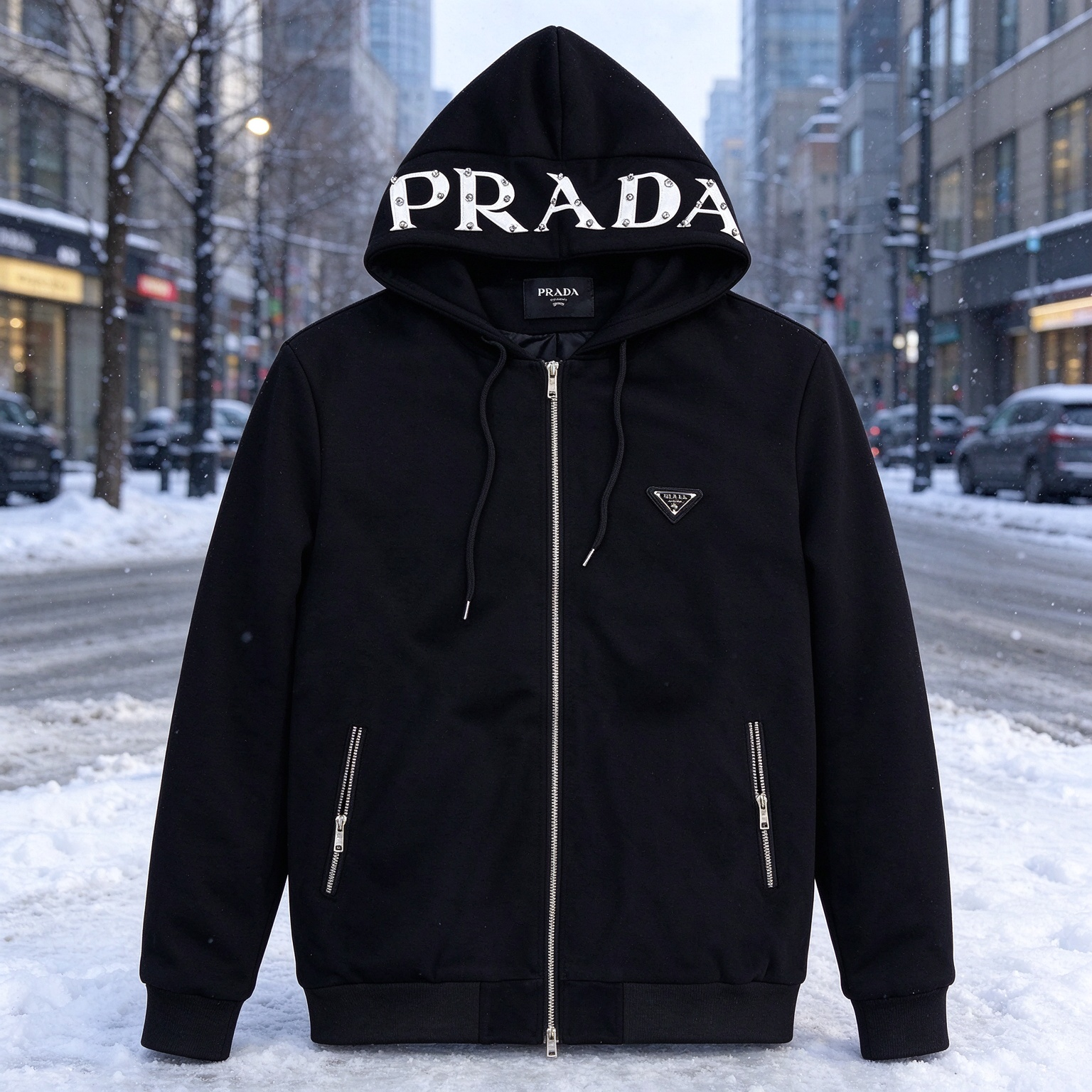 【PRADA】2026 新作 リベット装飾 パーカージャケット フード付き 万能コーデアウター