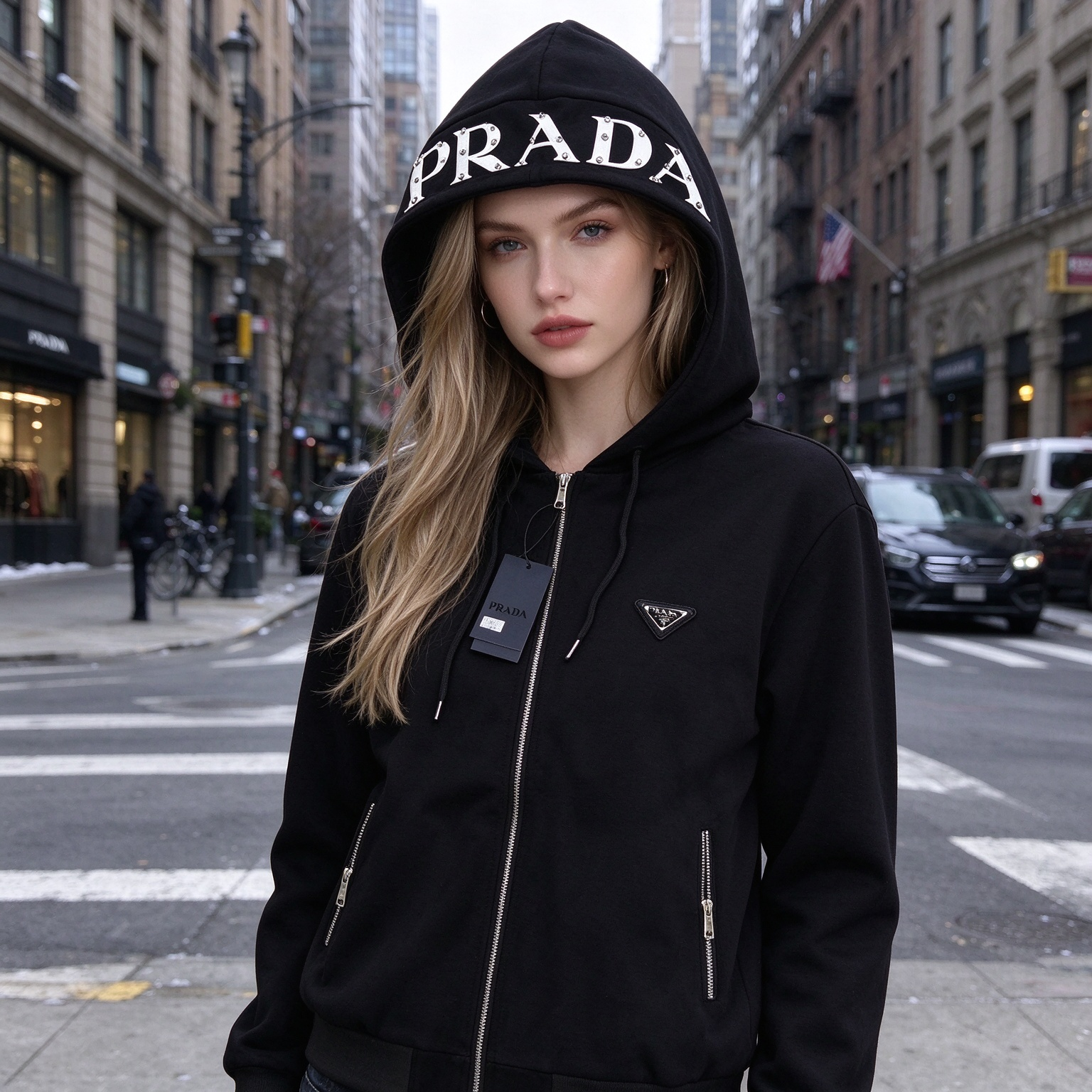 【PRADA】2026 新作 リベット装飾 パーカージャケット フード付き 万能コーデアウター
