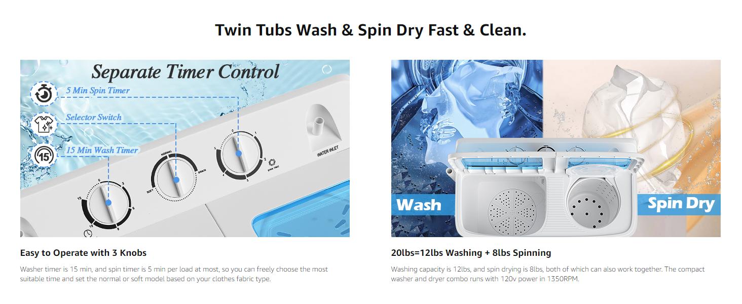 COSTWAY Portable Washing Machine, 13/20/26lbs Mini Twin Tub Washing Machine w/Drain Pump, Semi Automatic Compact Washer & Sipnner, Portable Washer Dryer Combo for Apartments Dorms RV Camping,4th of july decor, dad gift COSTWAY Portable Washing Machine, 13/20/26lbs Mini Twin Tub Washing Machine w/Drain Pump, Semi Automatic Compact Washer & Sipnner, Portable Washer Dryer Combo for Apartments Dorms RV Camping,4th of july decor, dad gift
