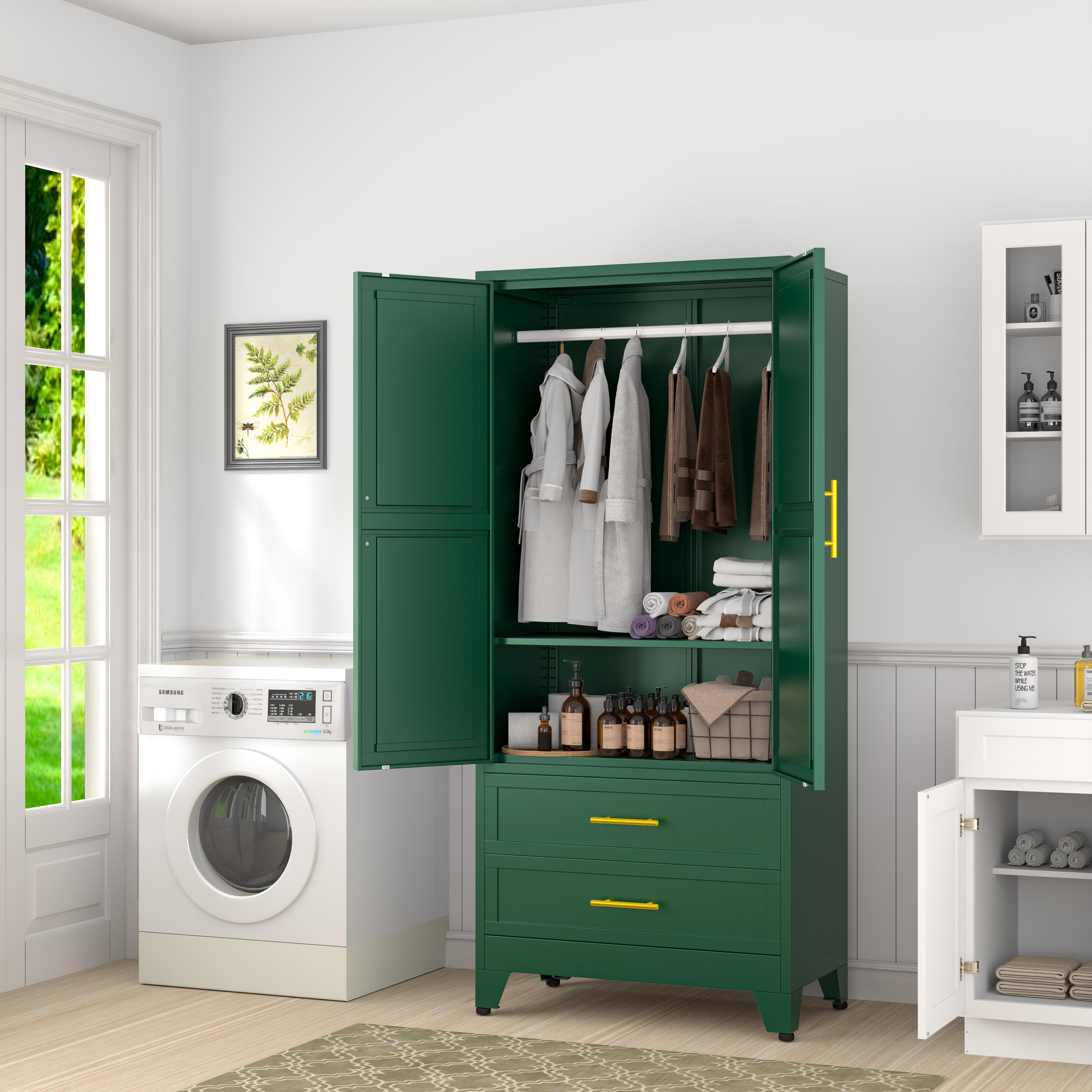 Metal Wardrobe Closet with 2 Doors & 2 Drawers, 71"" Tall Armoire Wardrobe Closet with Hanging Rods and Adjustable Shelf, Steel Wardrobe Storage Cabinet for Bedroom, Large mothersdaygift