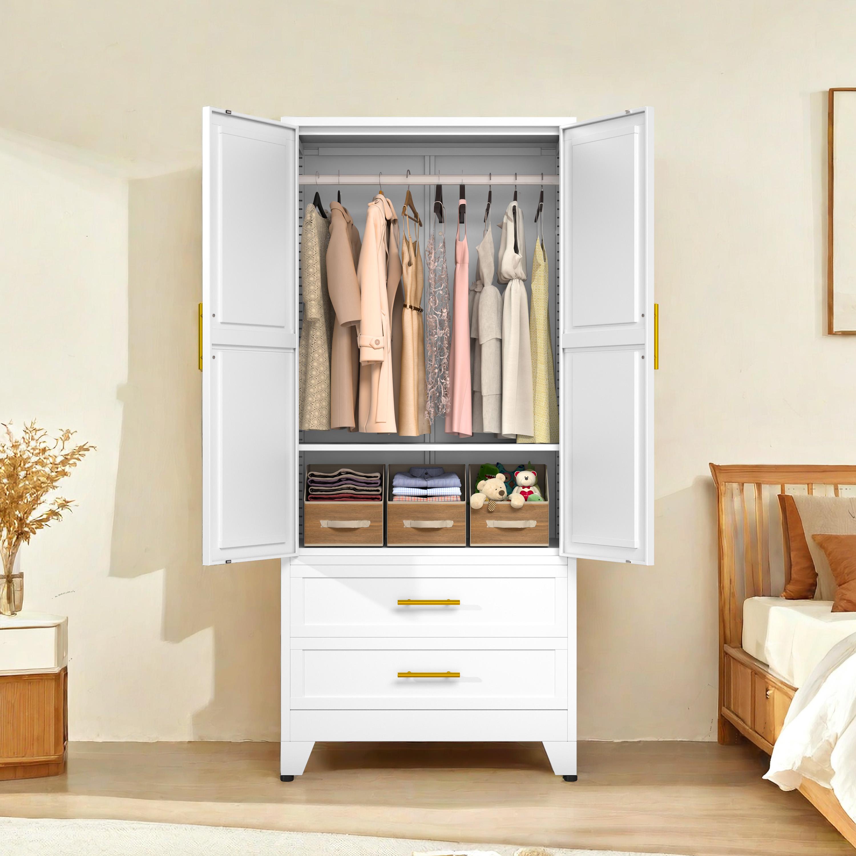 Metal Wardrobe Closet with 2 Doors & 2 Drawers, 71"" Tall Armoire Wardrobe Closet with Hanging Rods and Adjustable Shelf, Steel Wardrobe Storage Cabinet for Bedroom, Large mothersdaygift
