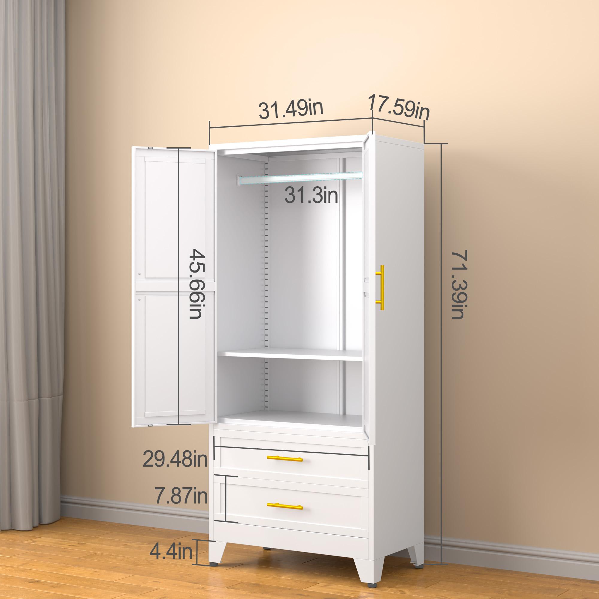 Metal Wardrobe Closet with 2 Doors & 2 Drawers, 71"" Tall Armoire Wardrobe Closet with Hanging Rods and Adjustable Shelf, Steel Wardrobe Storage Cabinet for Bedroom, Large mothersdaygift