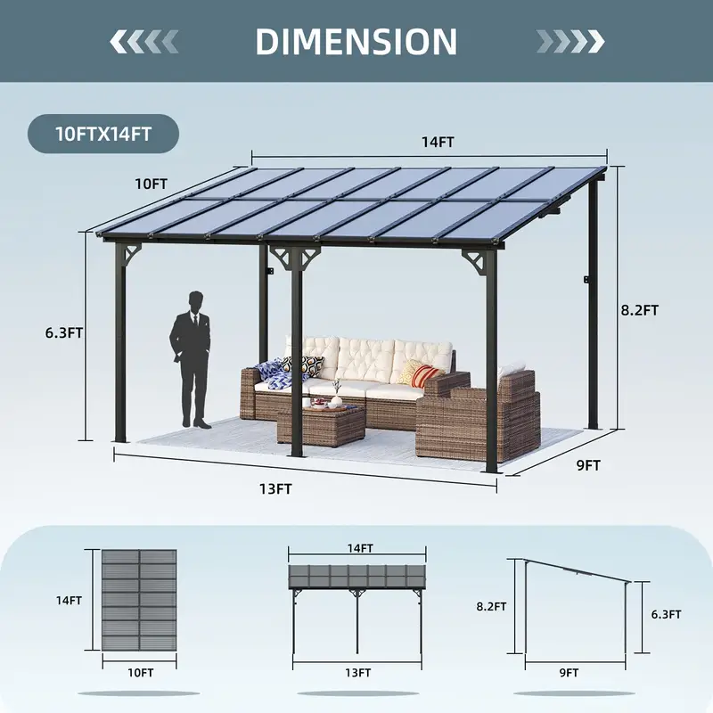  10x14 heavy duty wall mounted pergola gazebo black aluminum outdoor awning with clear panels for patio deck and backyard   outdoor events relaxation patio cover wallmounted gazebo sturdy installation patio decor details 2