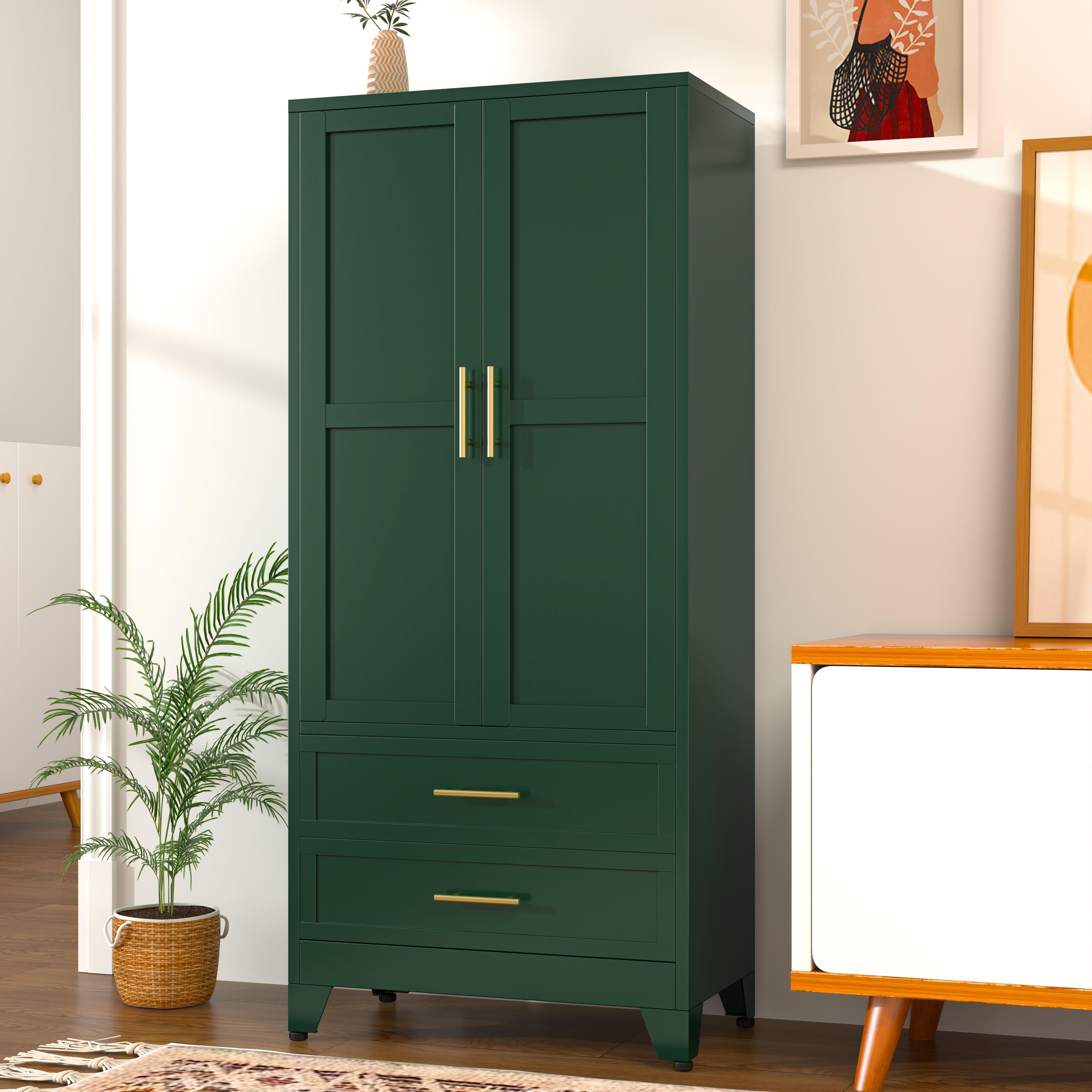 Metal Wardrobe Closet with 2 Doors & 2 Drawers, 71"" Tall Armoire Wardrobe Closet with Hanging Rods and Adjustable Shelf, Steel Wardrobe Storage Cabinet for Bedroom, Large mothersdaygift