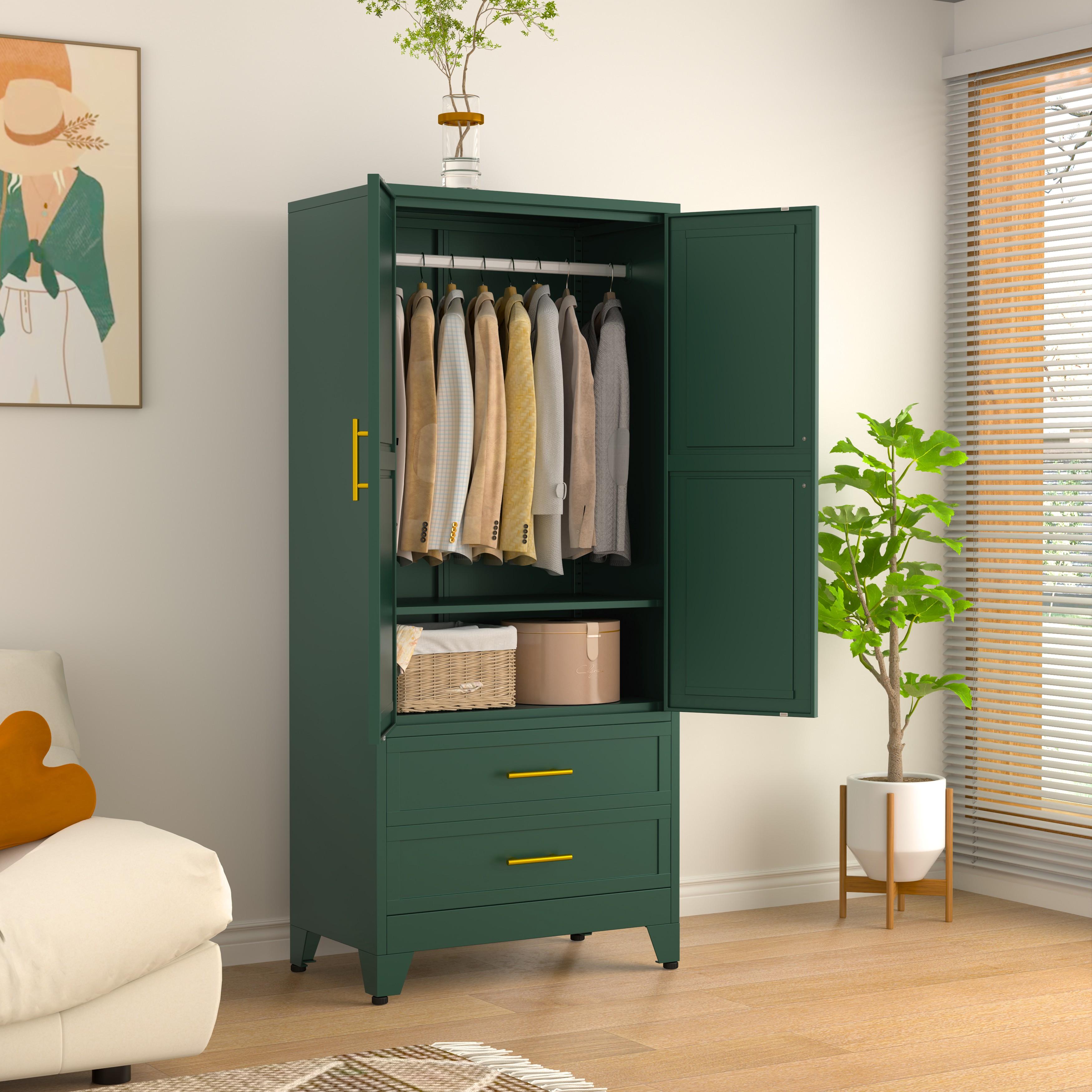 Metal Wardrobe Closet with 2 Doors & 2 Drawers, 71"" Tall Armoire Wardrobe Closet with Hanging Rods and Adjustable Shelf, Steel Wardrobe Storage Cabinet for Bedroom, Large mothersdaygift