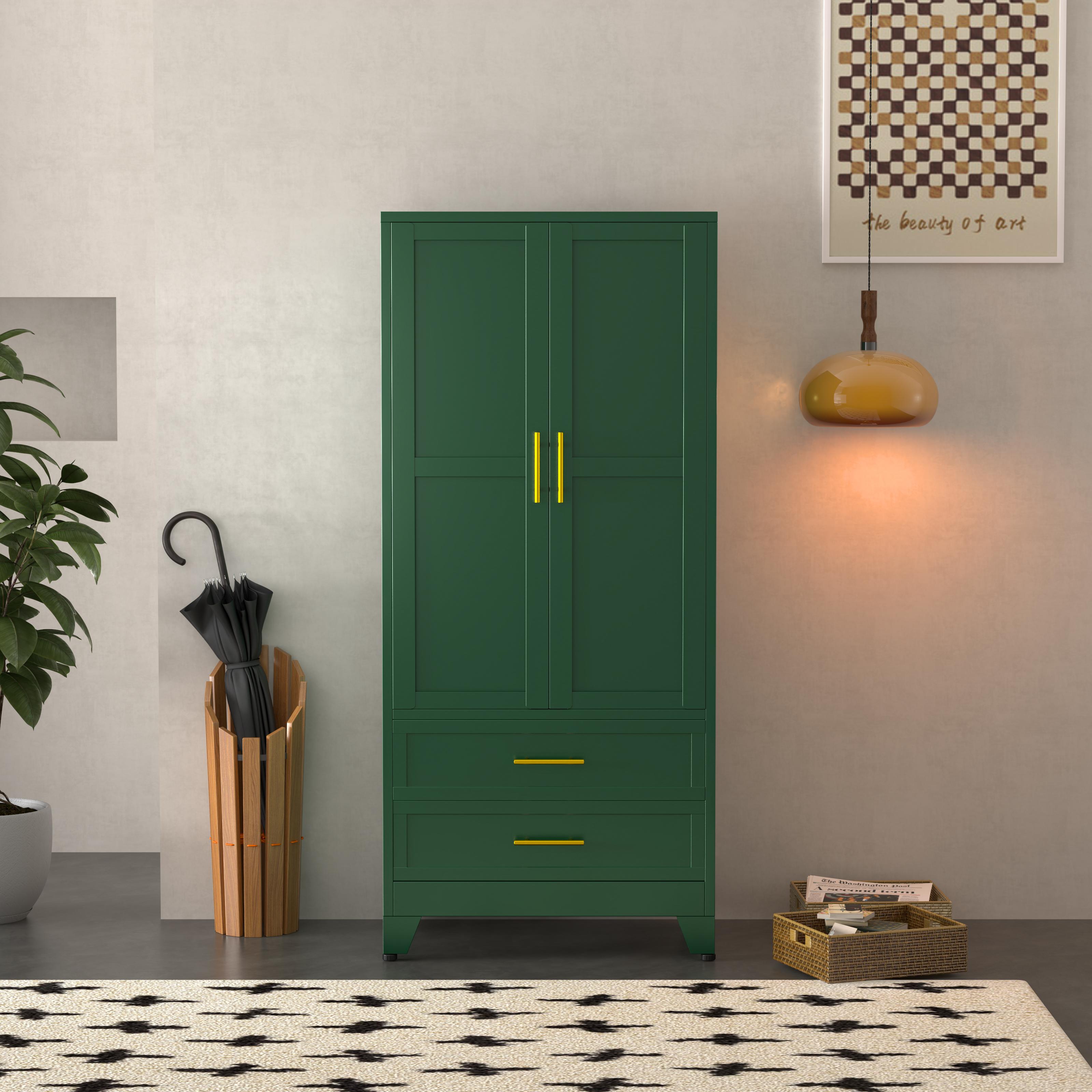 Metal Wardrobe Closet with 2 Doors & 2 Drawers, 71"" Tall Armoire Wardrobe Closet with Hanging Rods and Adjustable Shelf, Steel Wardrobe Storage Cabinet for Bedroom, Large mothersdaygift