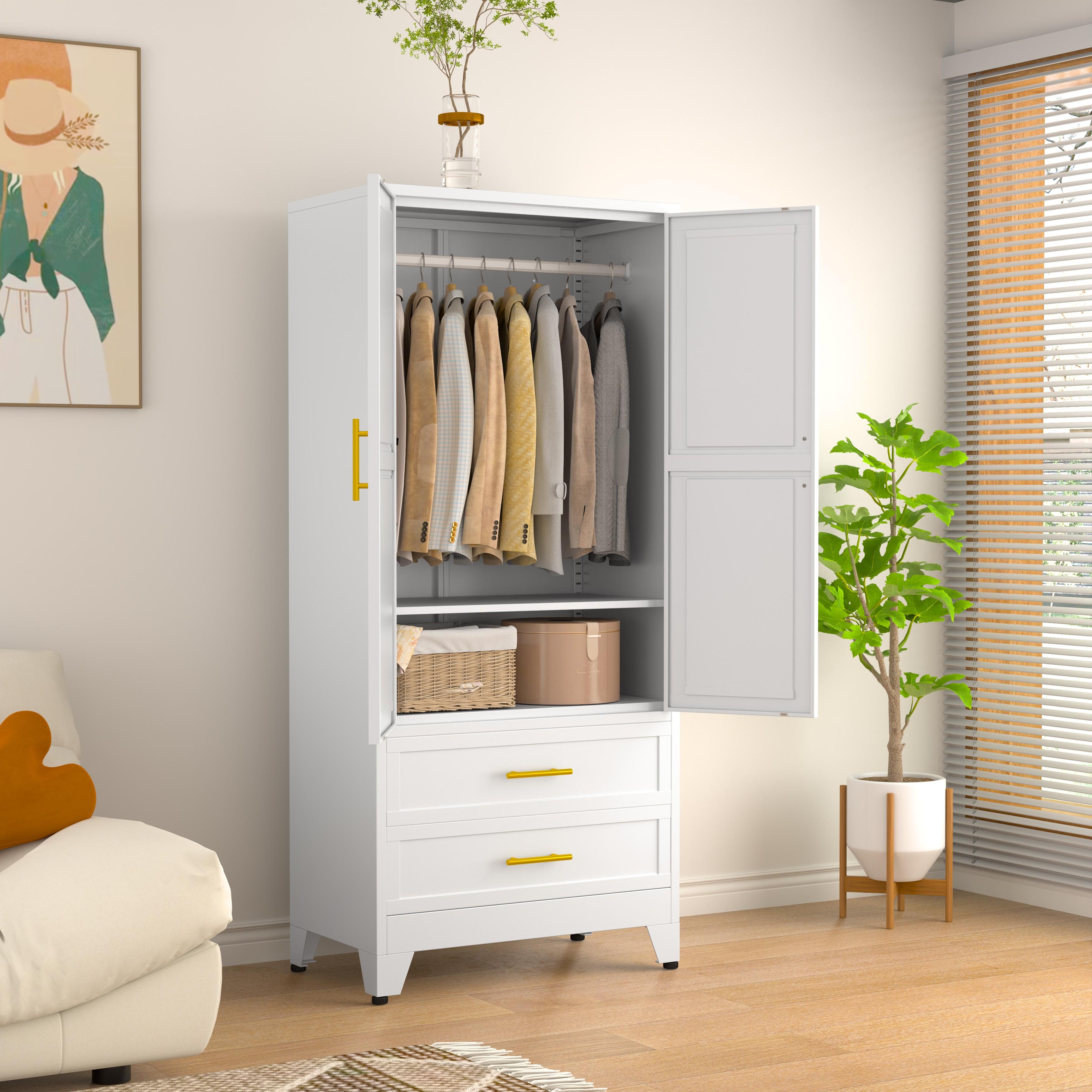 Metal Wardrobe Closet with 2 Doors & 2 Drawers, 71"" Tall Armoire Wardrobe Closet with Hanging Rods and Adjustable Shelf, Steel Wardrobe Storage Cabinet for Bedroom, Large mothersdaygift