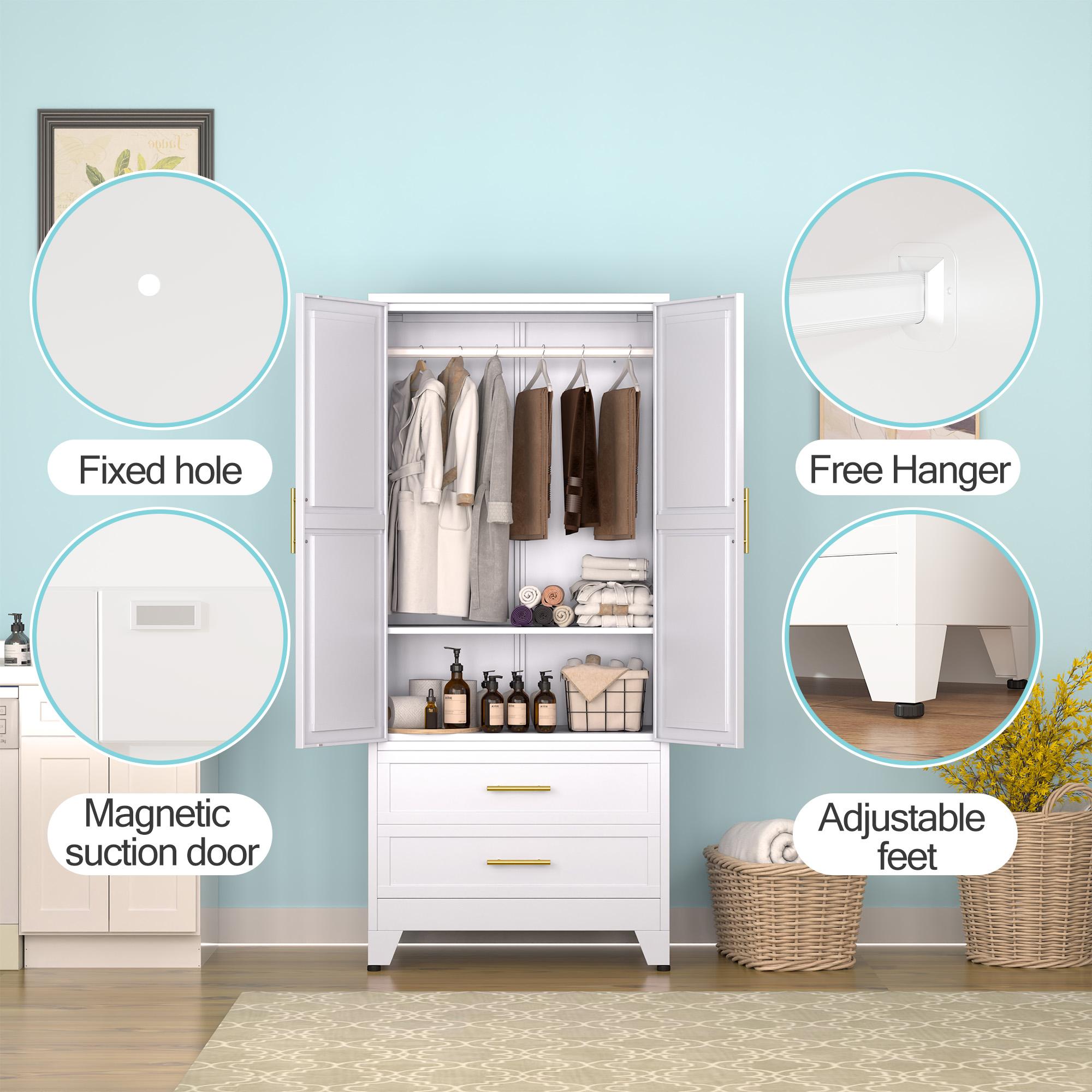 Metal Wardrobe Closet with 2 Doors & 2 Drawers, 71"" Tall Armoire Wardrobe Closet with Hanging Rods and Adjustable Shelf, Steel Wardrobe Storage Cabinet for Bedroom, Large mothersdaygift